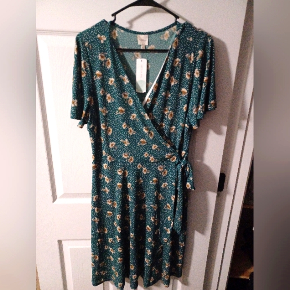 Green flower dress tie side wrap look L